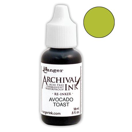 Bottle of Archival Ink by Ranger with Avocado Toast color swatch on a white background