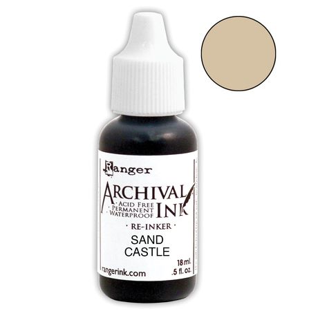 Bottle of Ranger Archival Ink Re-Inker in Sand Castle color on a white background