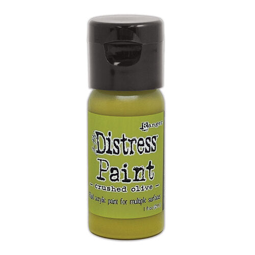 Bottle of Ranger Distress Paint in crushed olive color on a white background