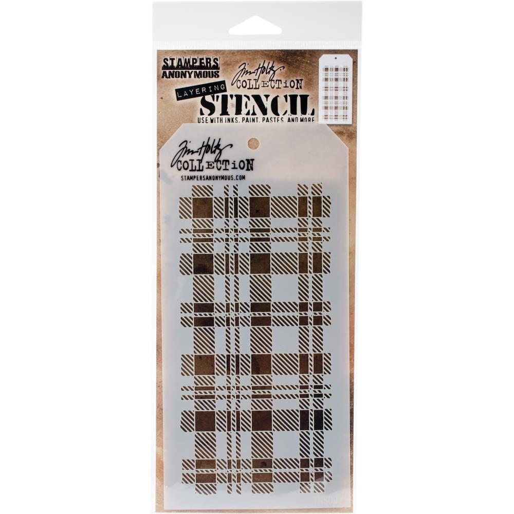 Plaid patterned stencil with Tim Holtz branding