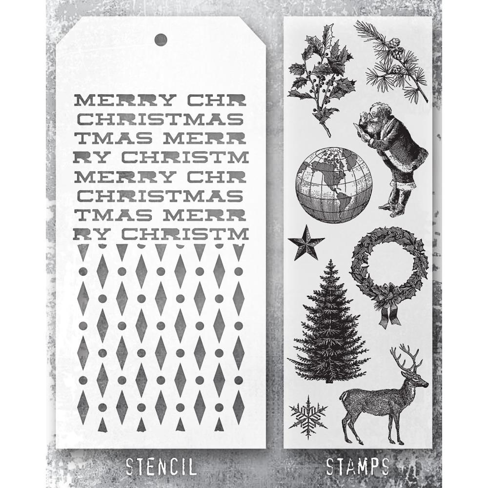 Tim Holtz Mixed-Media Stamps & Stencil Set #52 – clear photopolymer stamps with custom layering stencil for mixed media crafts