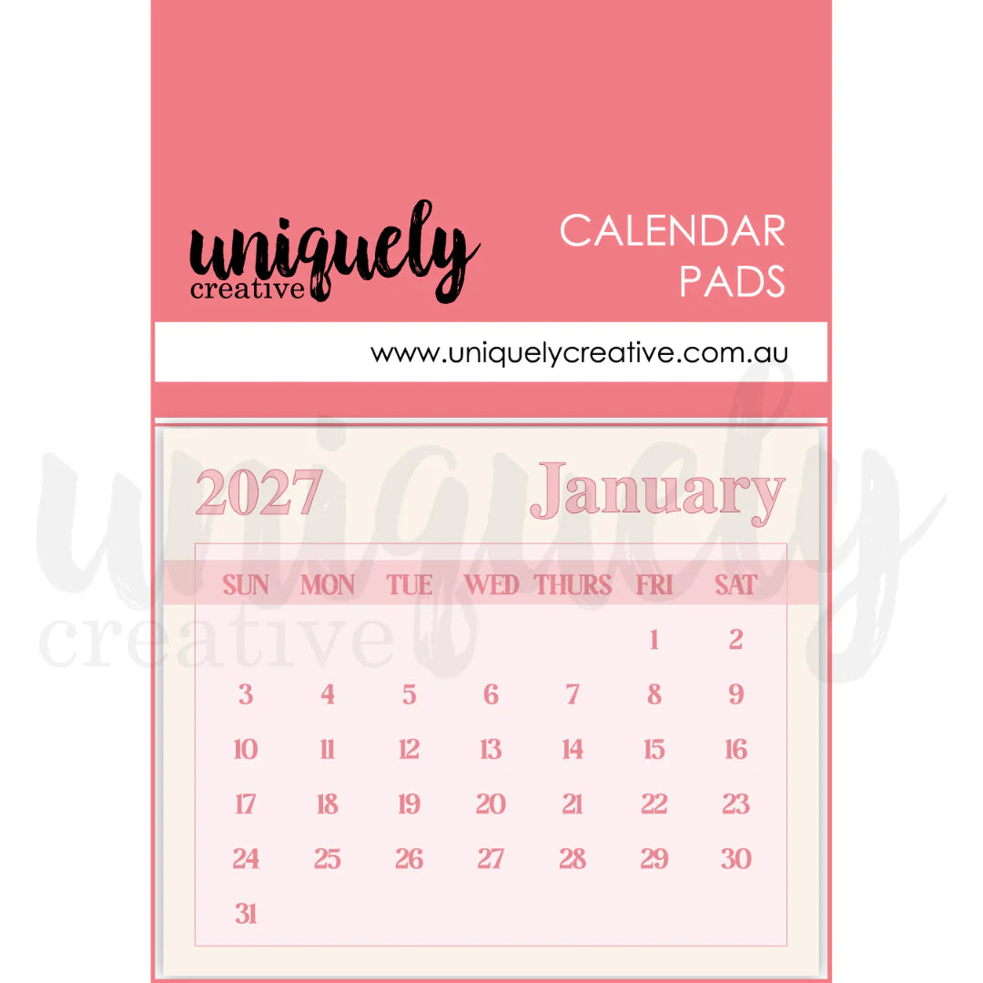 Calendar pad for January 2027 with 'uniquely creative' branding on a pink background