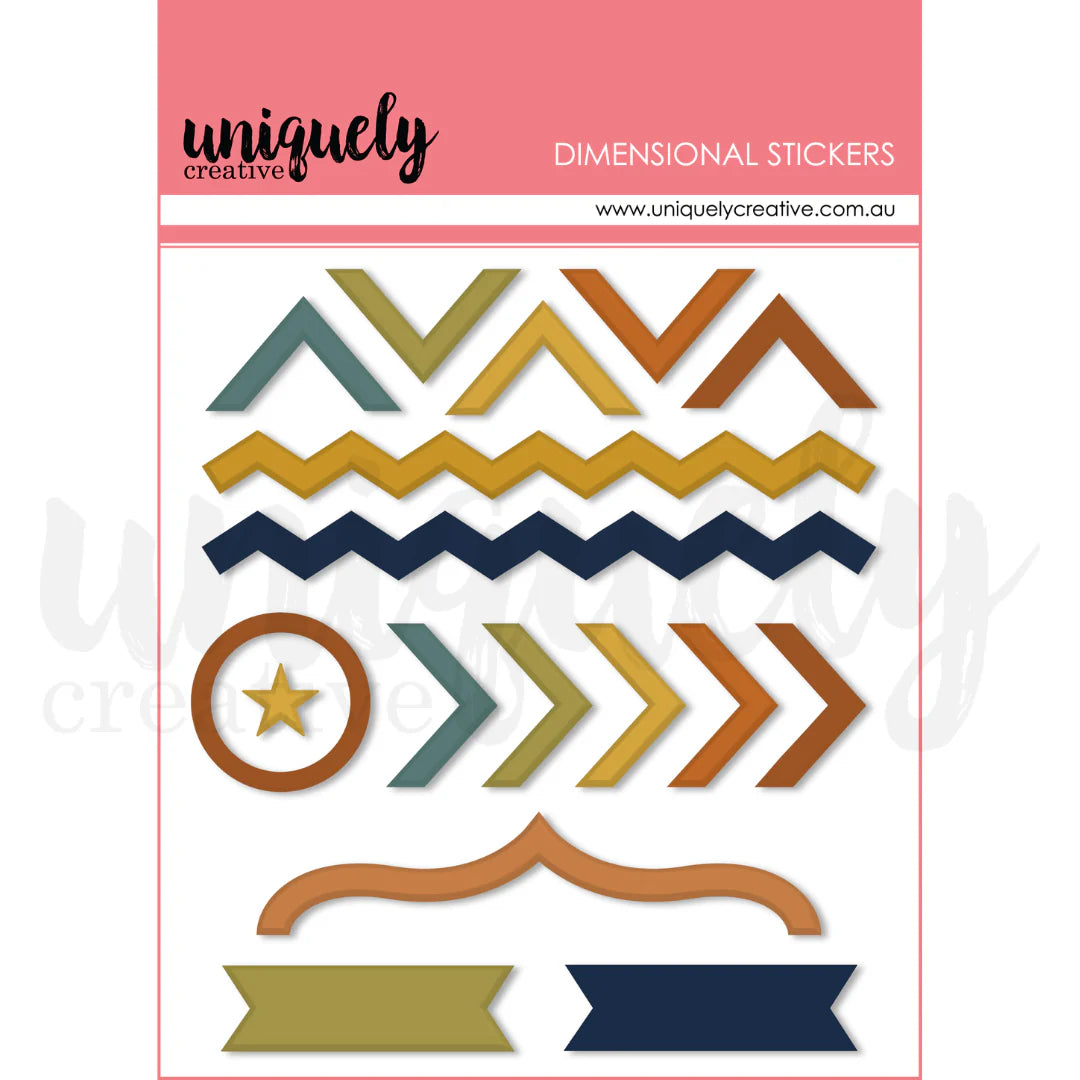 Set of colorful dimensional stickers with geometric shapes on a white background.