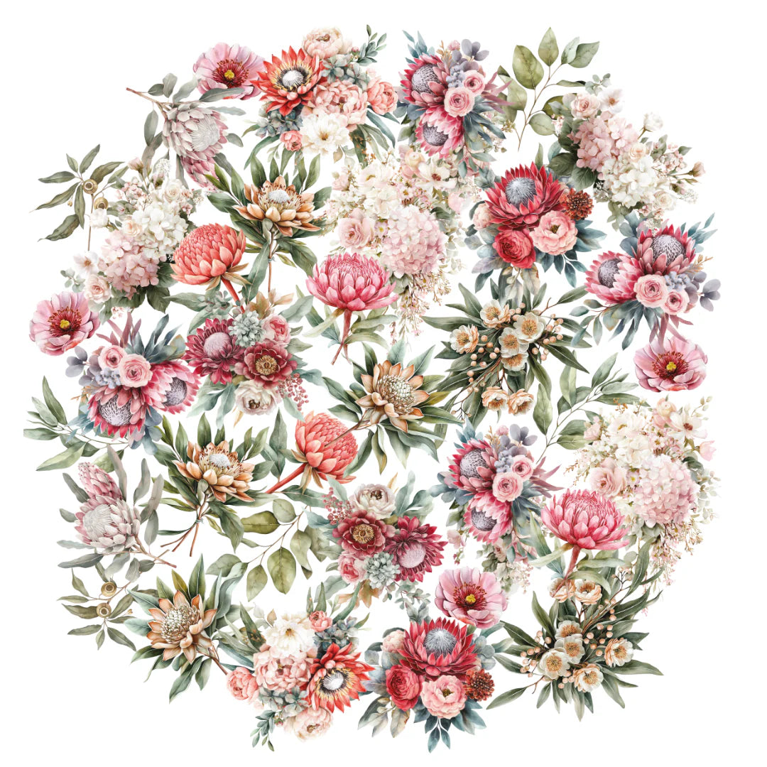 Floral wreath with pink, red, and green flowers on a white background