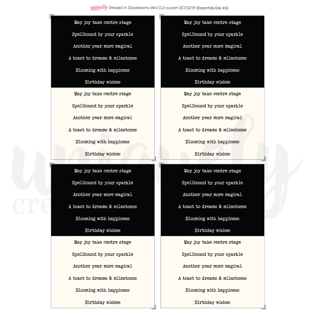 Four identical cards with text on a white background