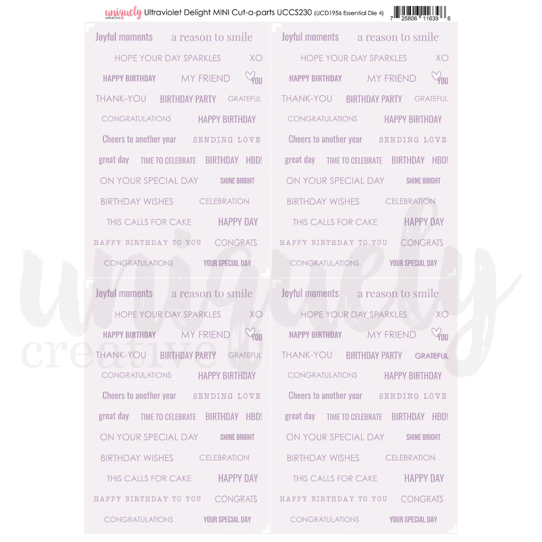 Clear stamp set with various text phrases on a white background