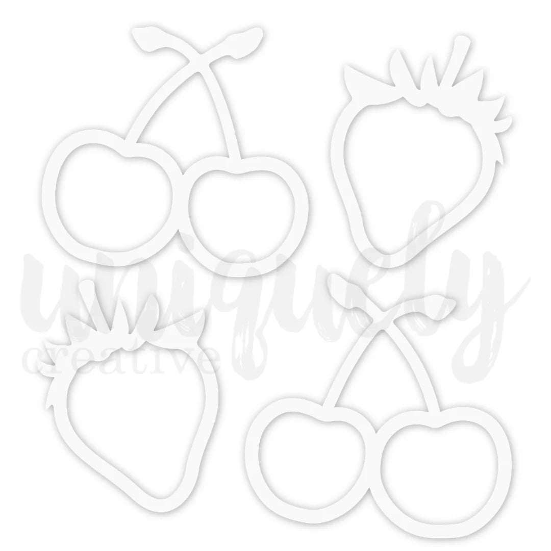 White outlines of cherries and strawberries on a white background
