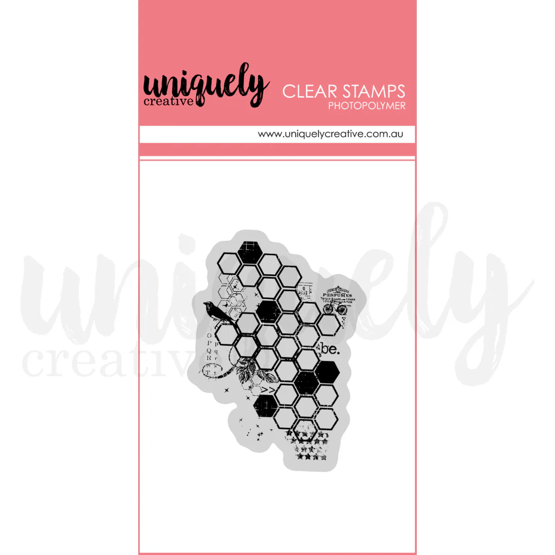 Clear stamp set with honeycomb design on a white background with pink border