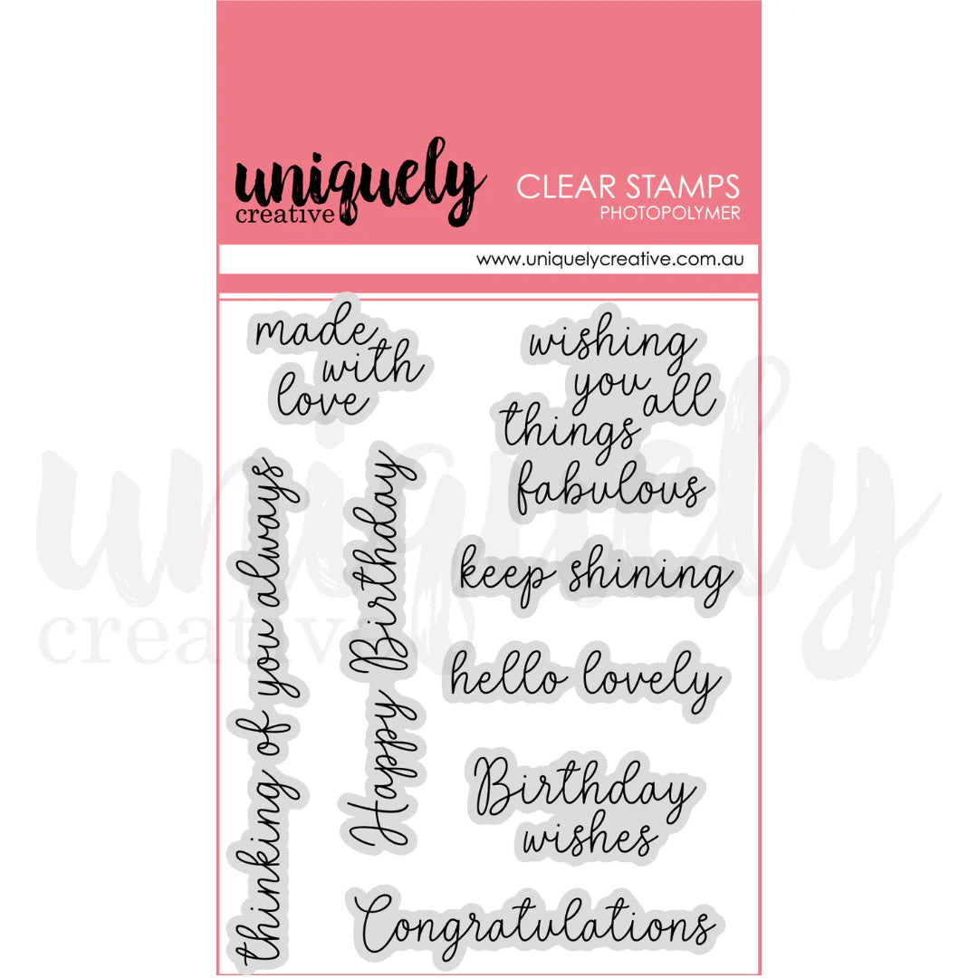 Clear stamps with various phrases on a pink background, featuring the 'uniquely creative' brand.