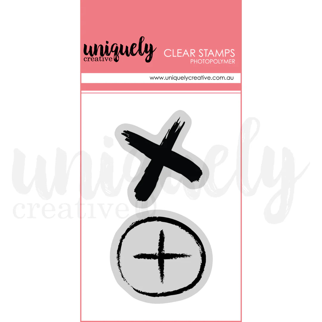 Two clear stamps with black ink designs on a pink background with 'uniquely creative' branding.