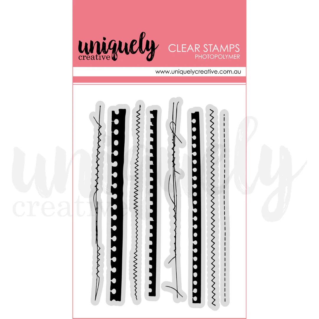 Set of clear stamps with various patterns on a pink background with 'uniquely creative' branding.