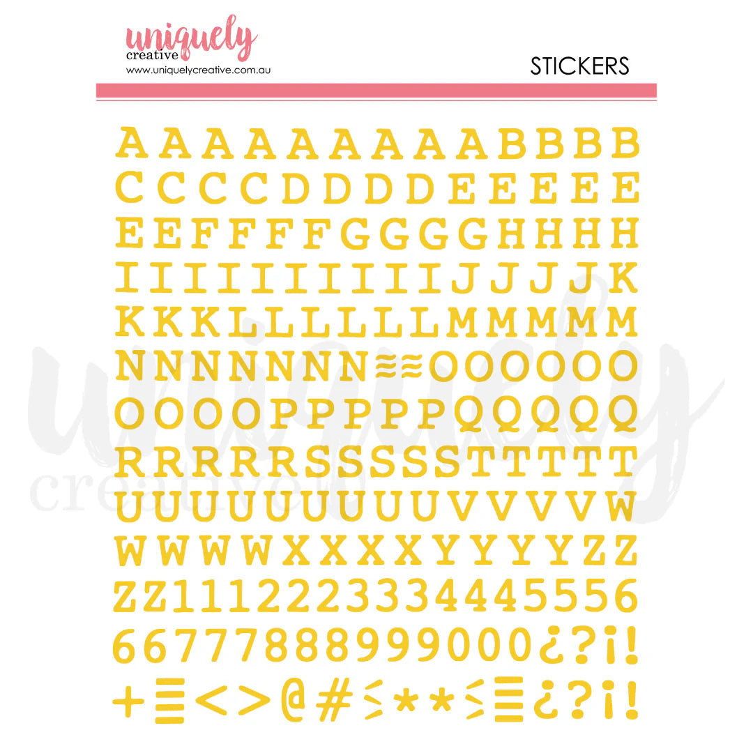 Sheet of yellow alphabet and number stickers on a white background with 'uniquely creative' branding.