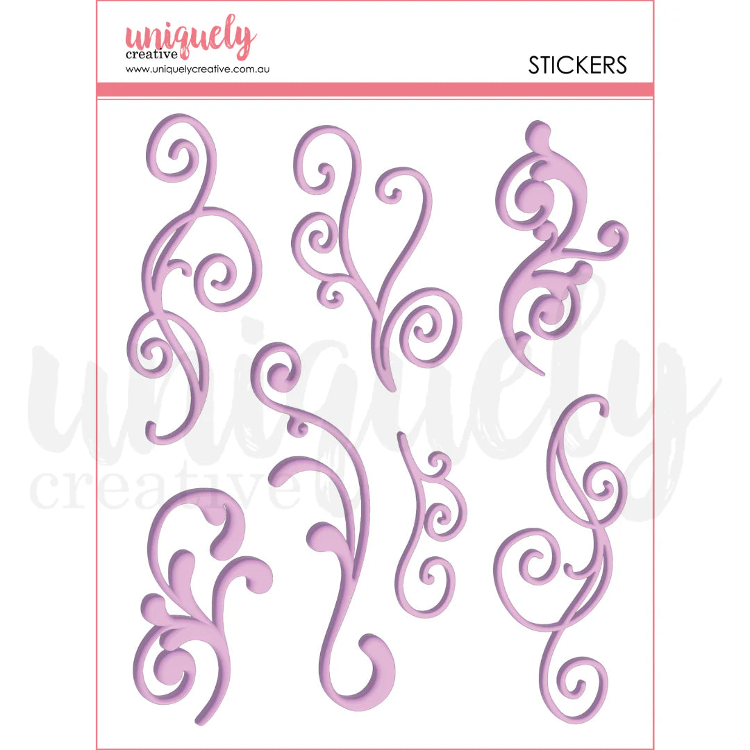 Decorative stickers with pink swirl designs on a white background, branded 'uniquely creative'.