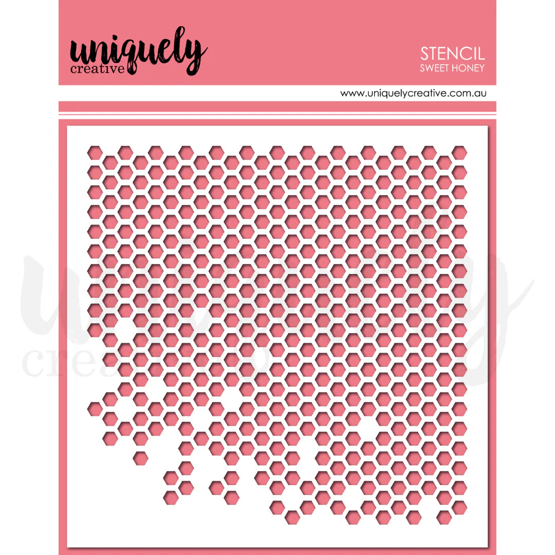 Hexagonal pattern stencil with 'uniquely creative' branding on a pink background