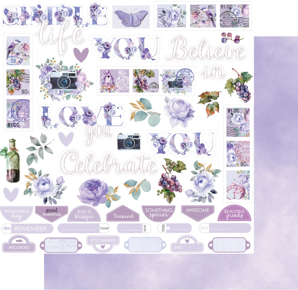 Collection of purple-themed stickers with text and graphics on a white background