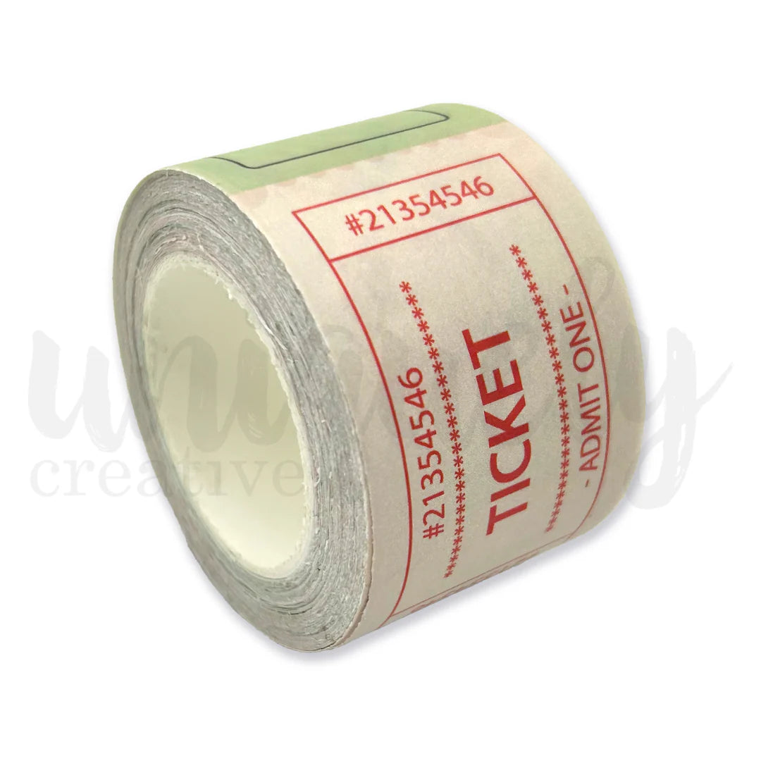 Roll of tickets with red text on a white background