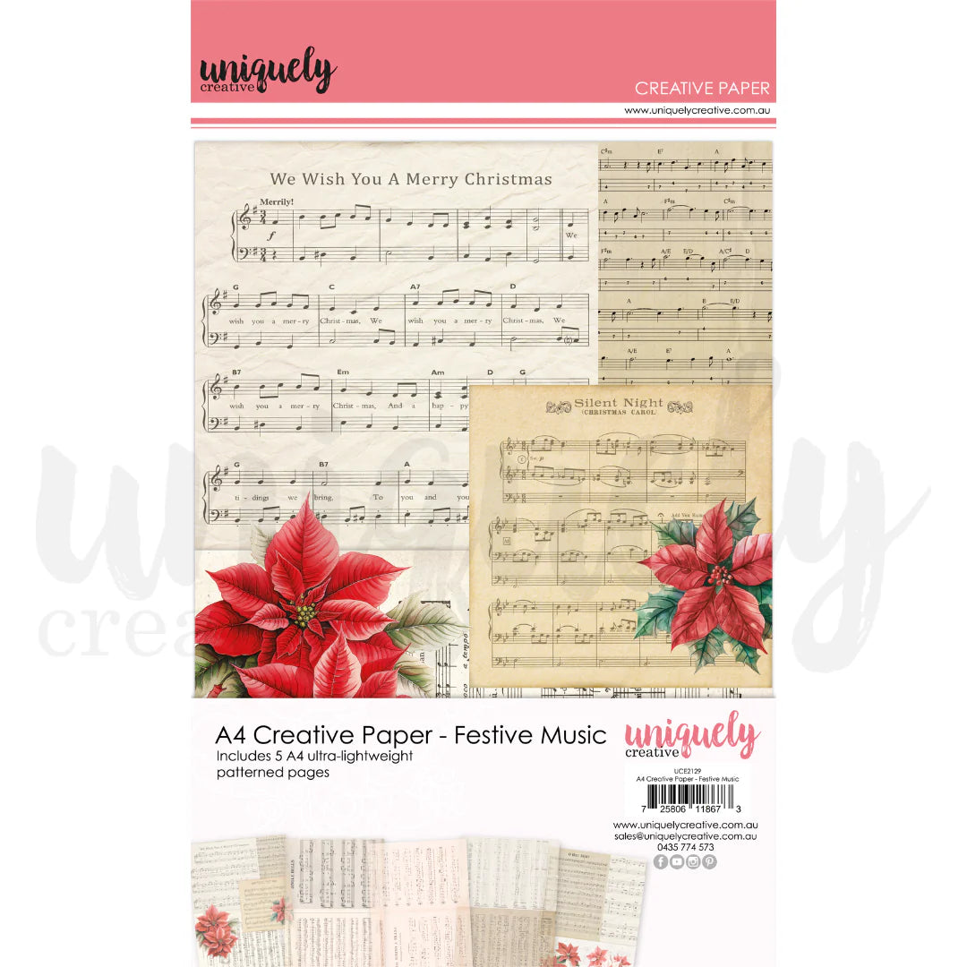 Uniquely Creative A4 Creative Paper – Festive Music pack of 5 patterned lightweight sheets for Christmas crafts