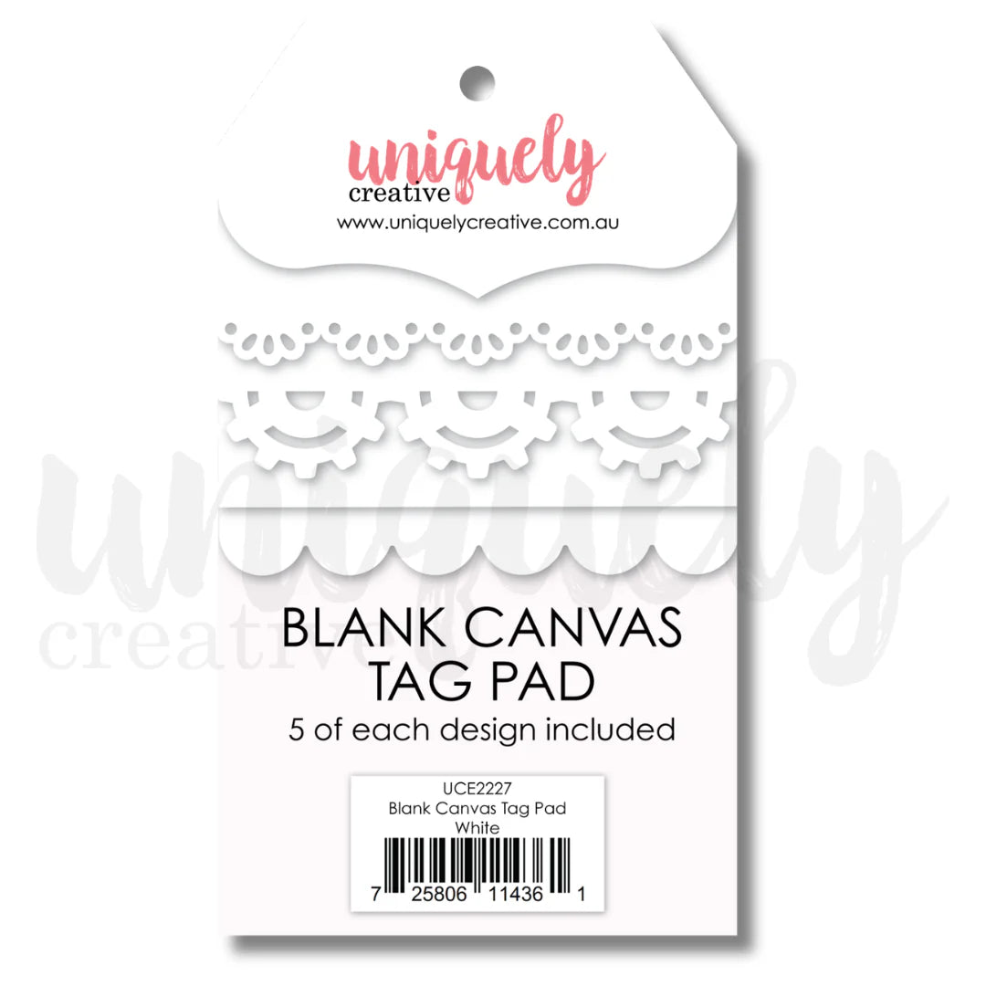 A packaged blank canvas tag pad by Uniquely Creative, showing five white scalloped tag designs on a white backing card with product text and a barcode.