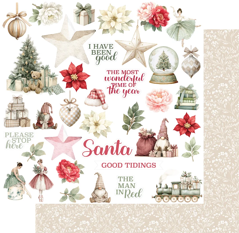 A square Christmas-themed decorative sheet featuring illustrated ornaments, stars, flowers, gnomes, a tree, a train, and festive text including 'Santa', 'Good Tidings', and 'The most wonderful time of the year' on a cream patterned background.
