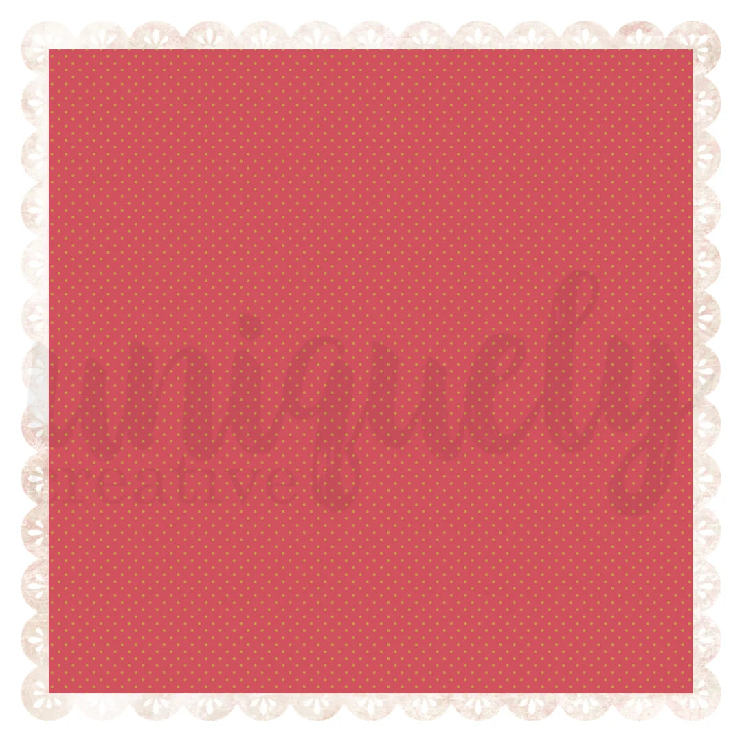 A square red paper or fabric swatch with a subtle dotted pattern and a scalloped white border, overlaid with the faint text 'uniquely creative'.