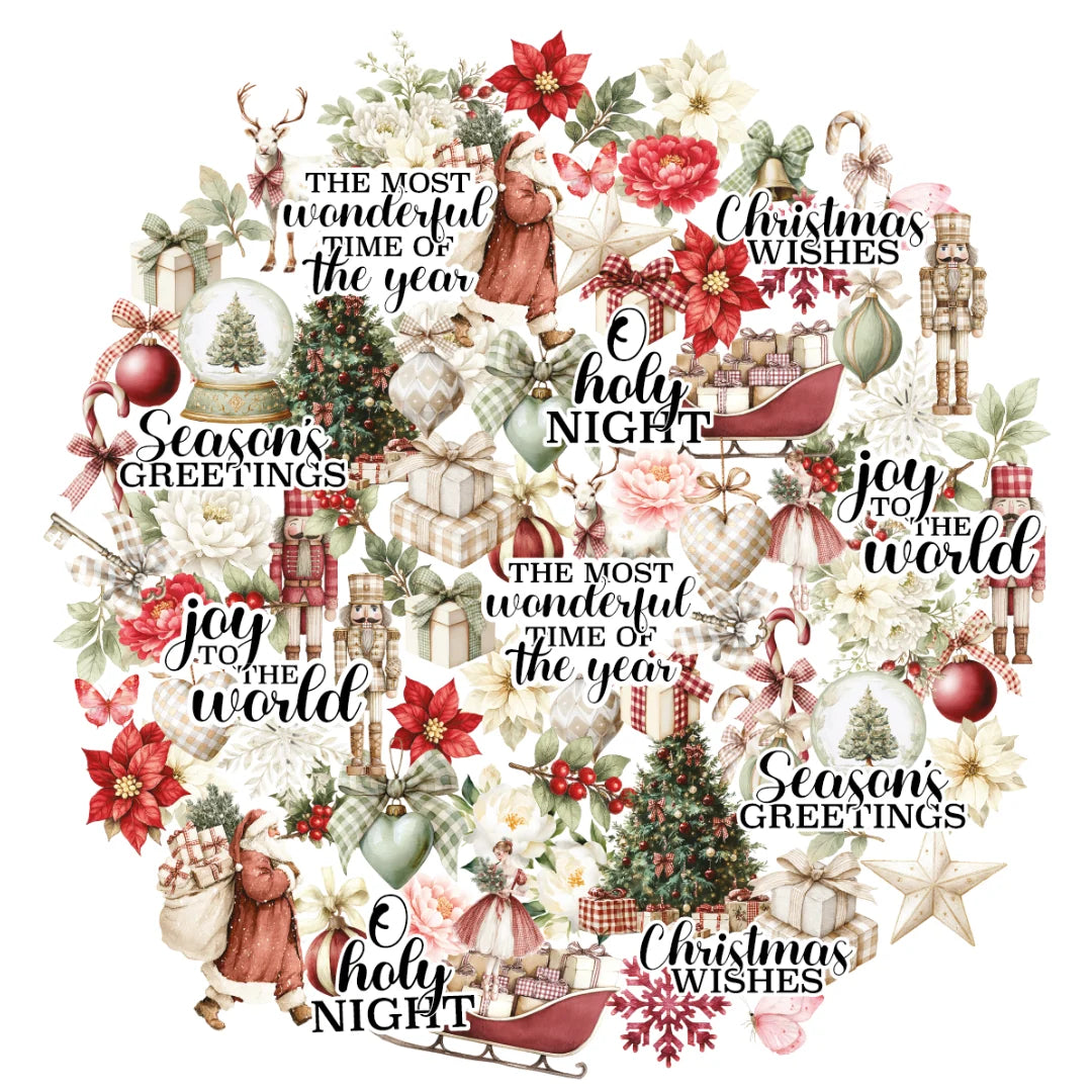 A circular collage of Christmas and holiday-themed illustrations and phrases on a white background, including red poinsettias, snow globes, sleighs, nutcrackers, gift boxes, stars, and text such as 'Christmas Wishes,' 'Seasons Greetings,' and 'joy to the world.'.