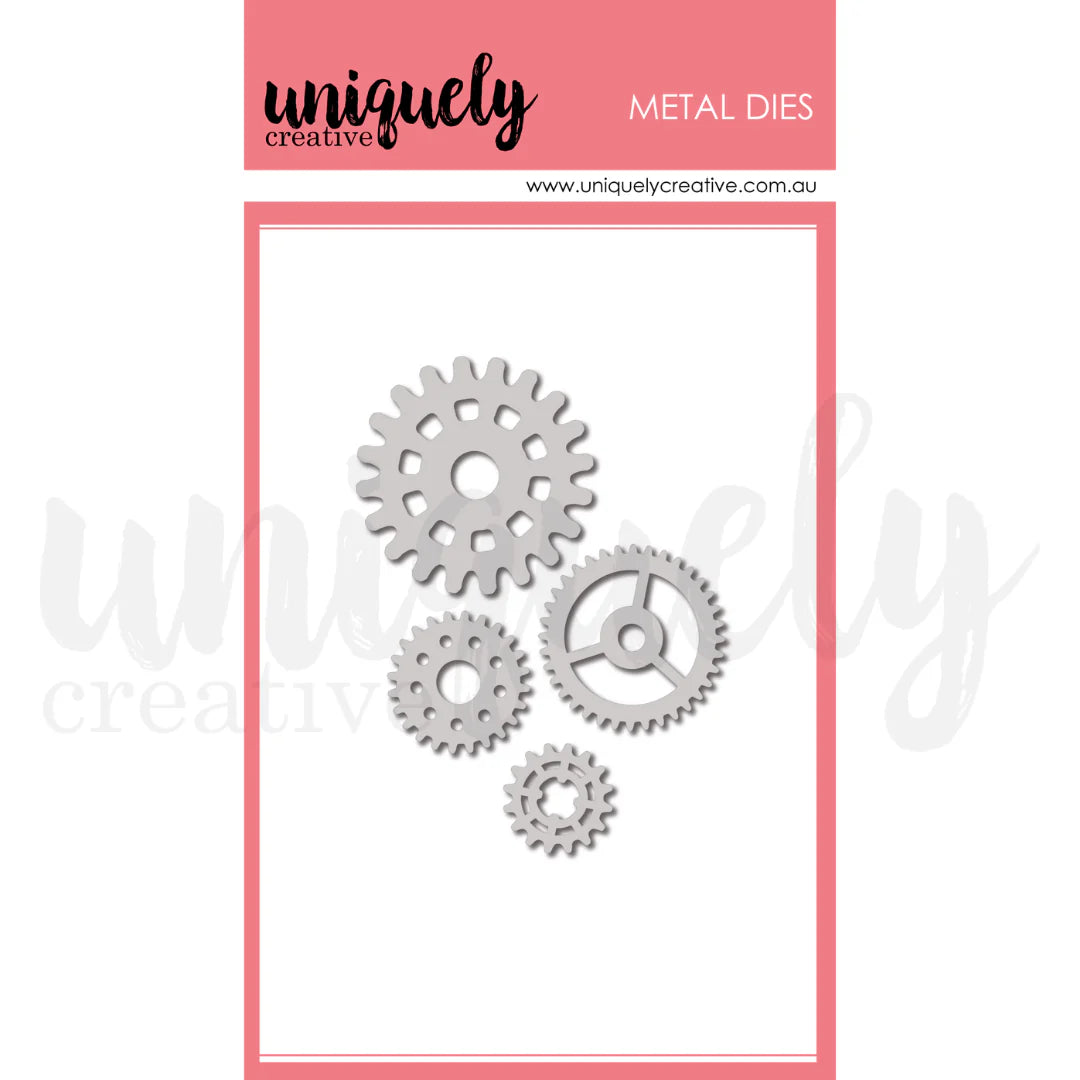 Four metal gear dies in different sizes displayed on a white card with a pink header that reads 'uniquely creative' and 'METAL DIES'.