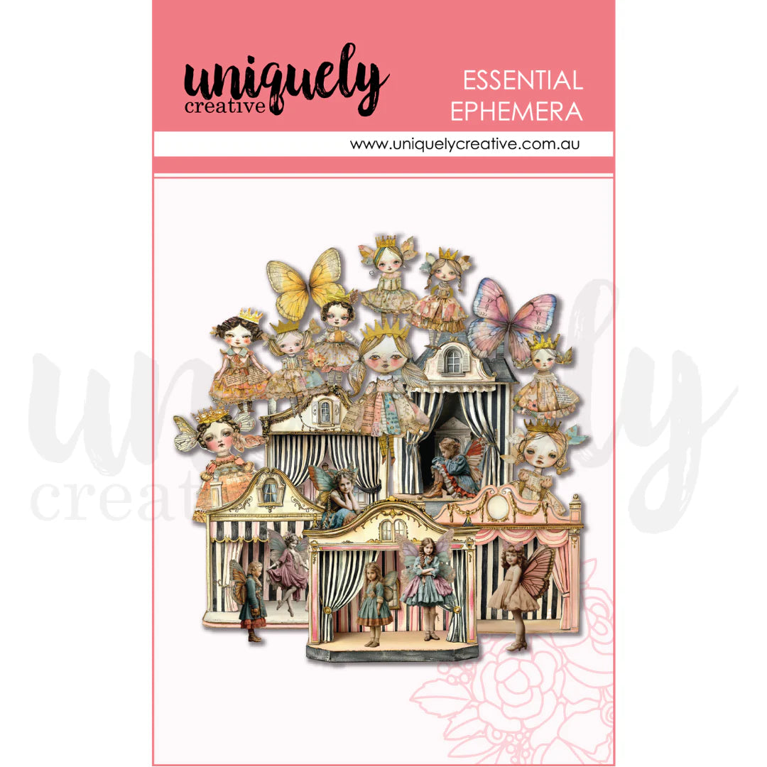 Decorative ephemera set with fairy tale design on a pink background
