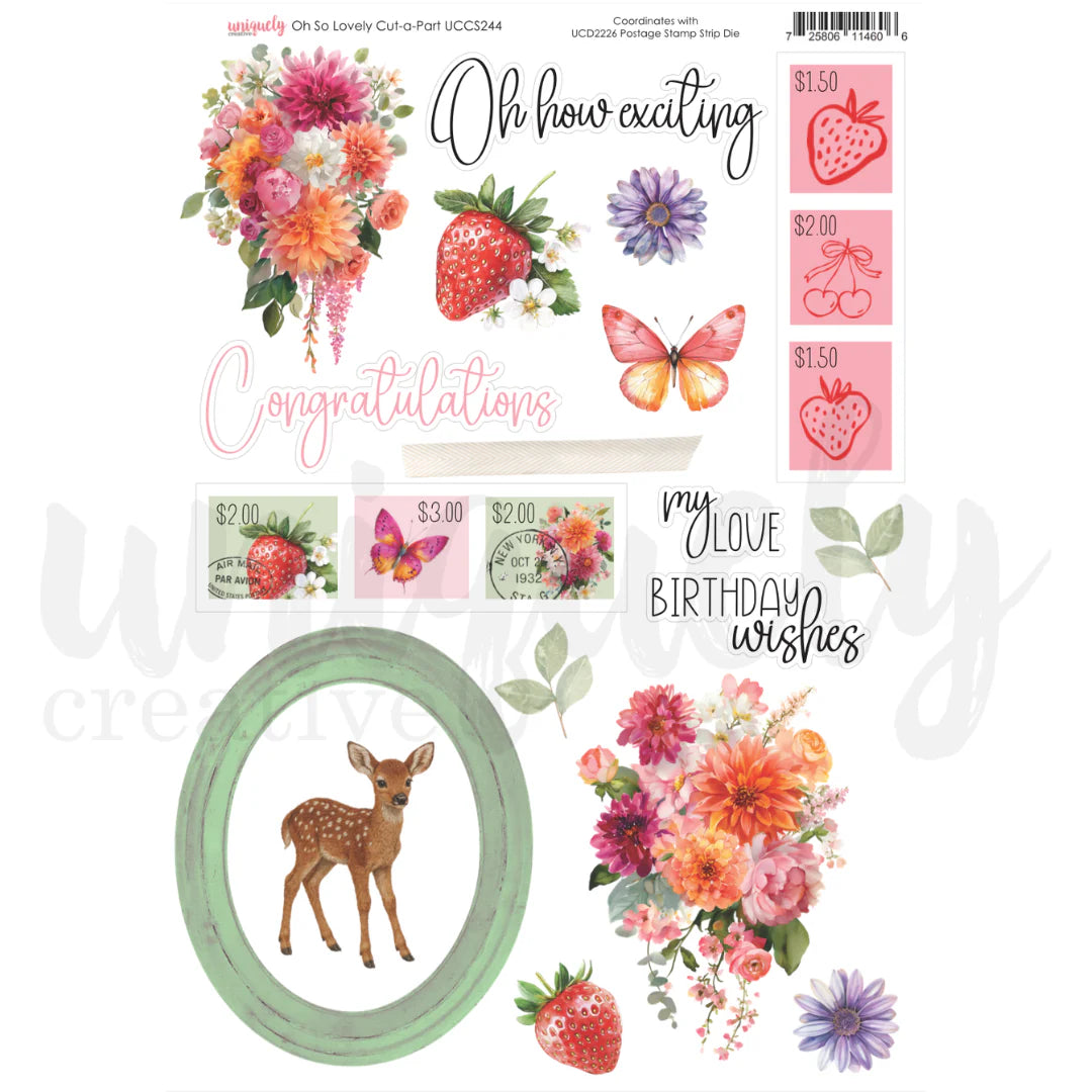 Collection of decorative elements including flowers, strawberries, butterflies, and text on a white background.