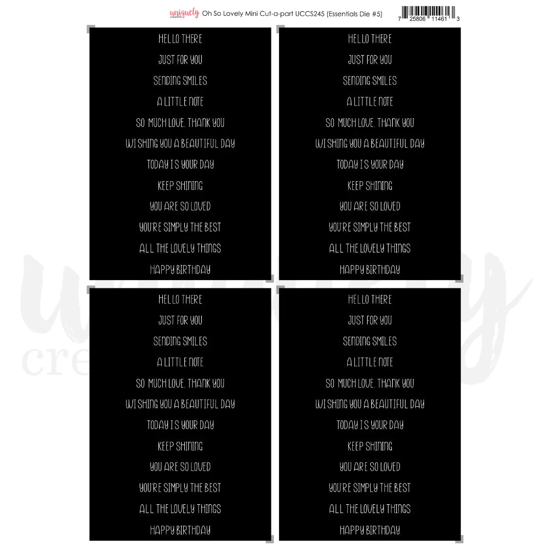 Four black and white cards with text on a white background