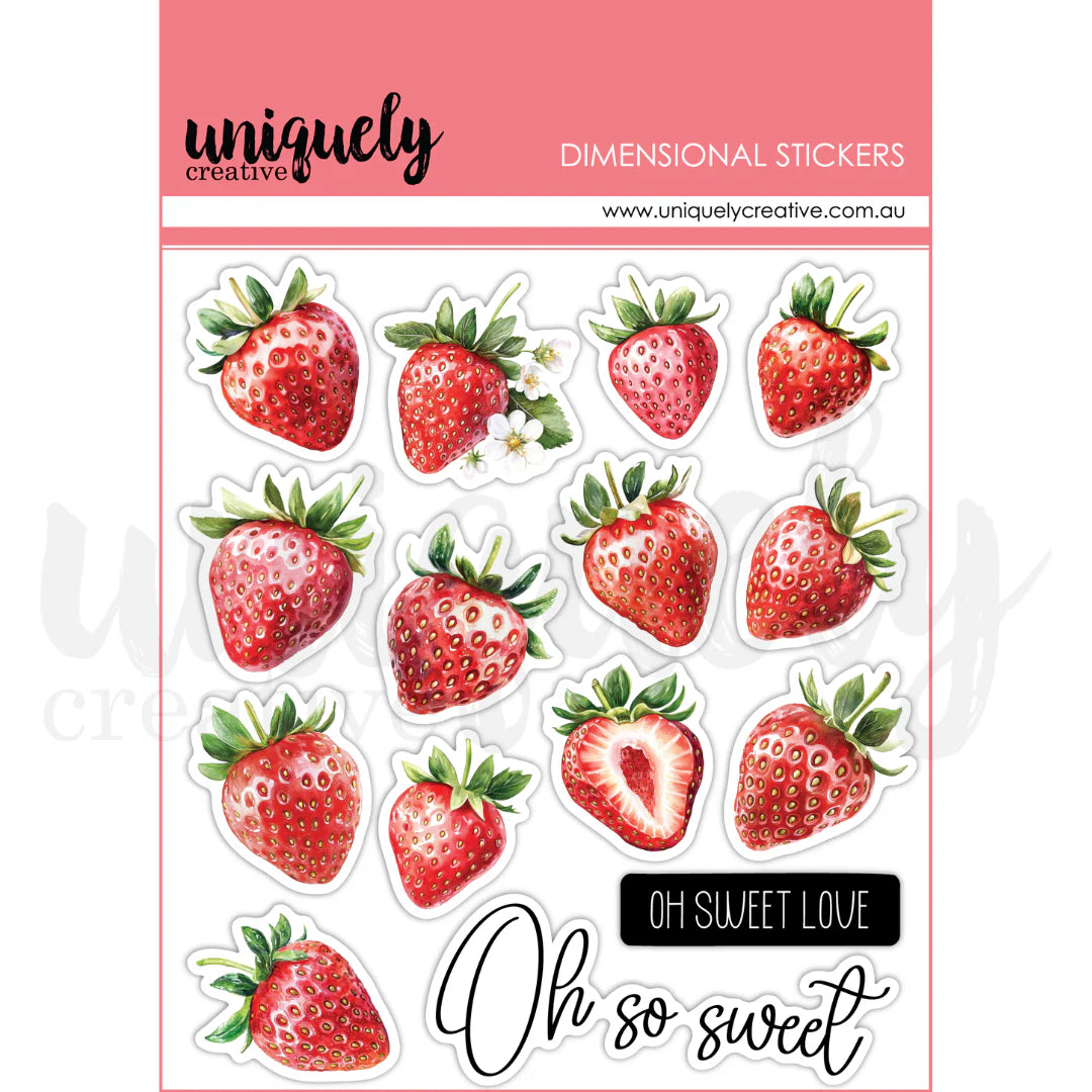 Strawberry-shaped stickers with 'Oh Sweet Love' and 'Oh so sweet' text on a white background.
