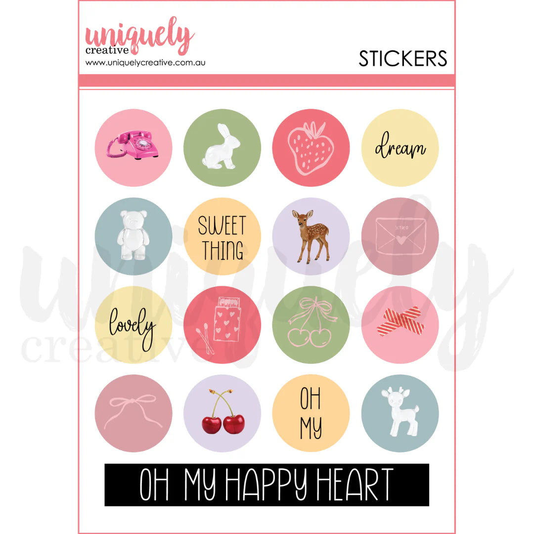 Collection of round stickers with various designs and text on a white background.