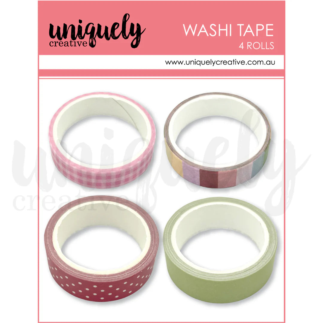 Four rolls of washi tape on a white background with 'uniquely creative' branding.