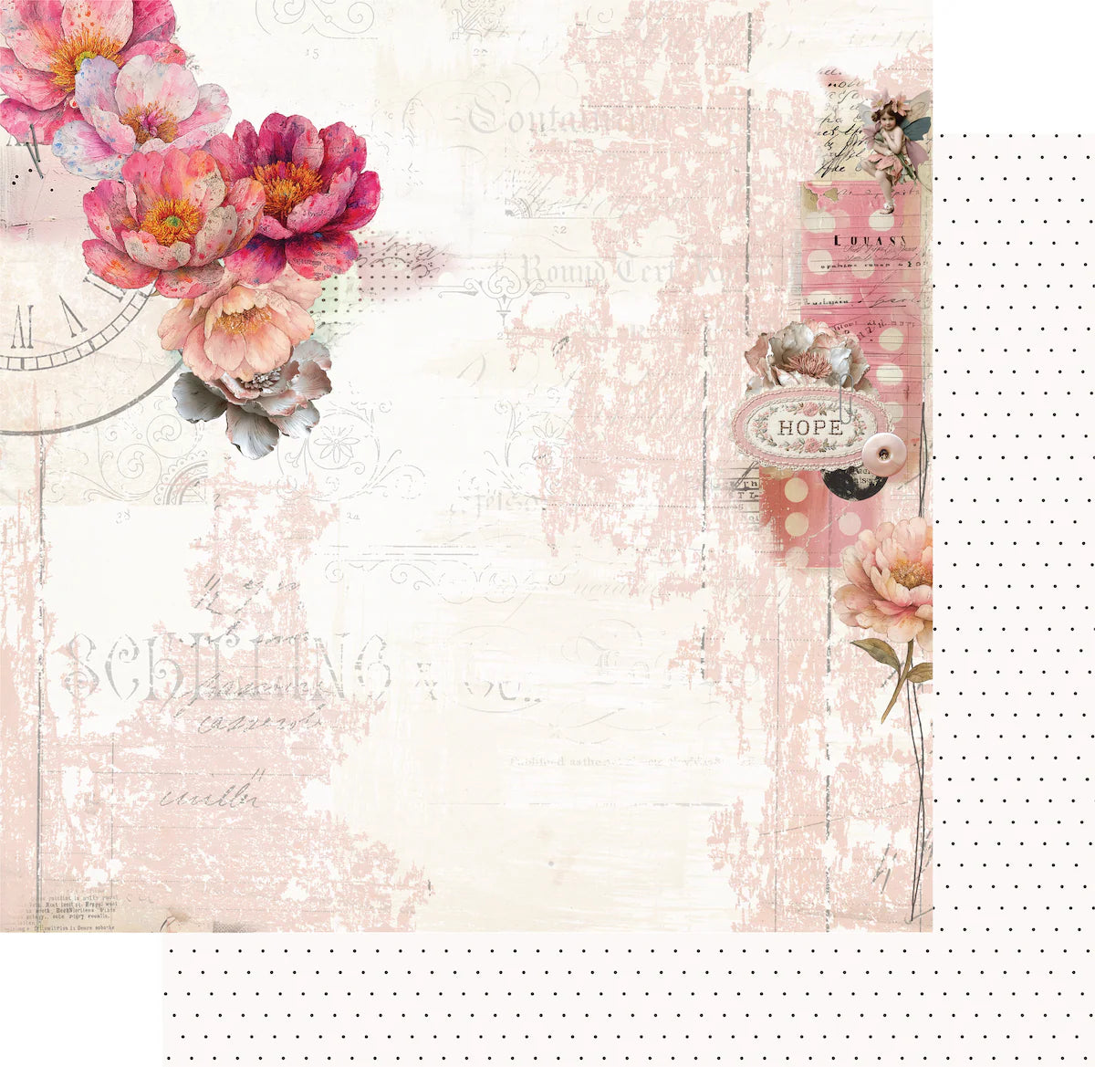 Decorative paper with floral elements, text, and a clock on a textured background.