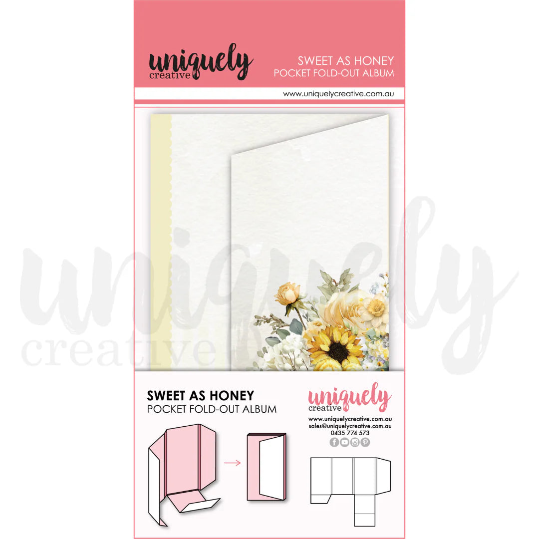 Product packaging for 'Sweet as Honey' pocket fold-out album by uniquely creative on a white background.