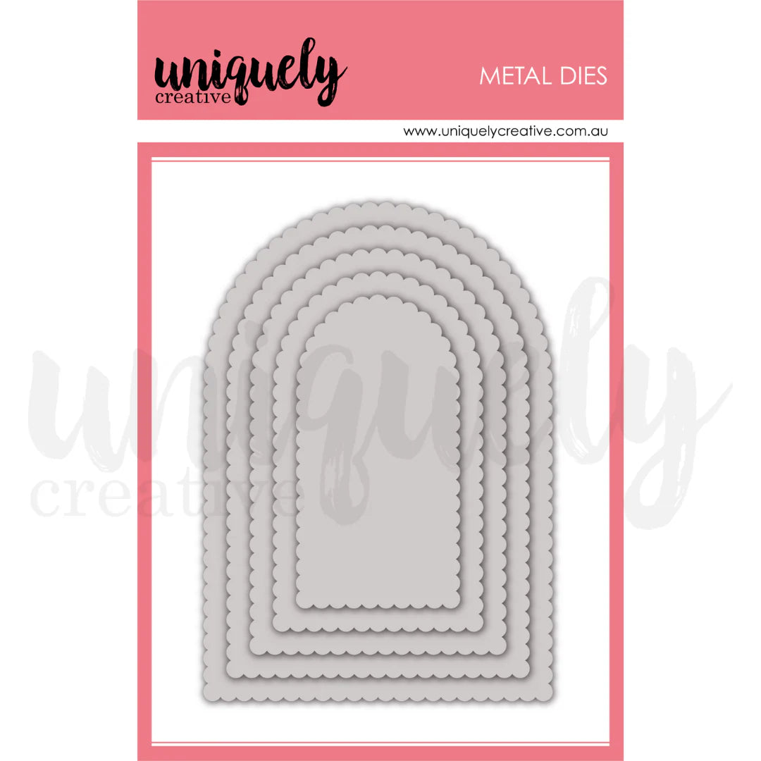 Uniquely Creative Scalloped Arches Die UCD2205 – set of 5 metal cutting dies that coordinate with Stitched Arches Die, for cardmaking and scrapbooking.