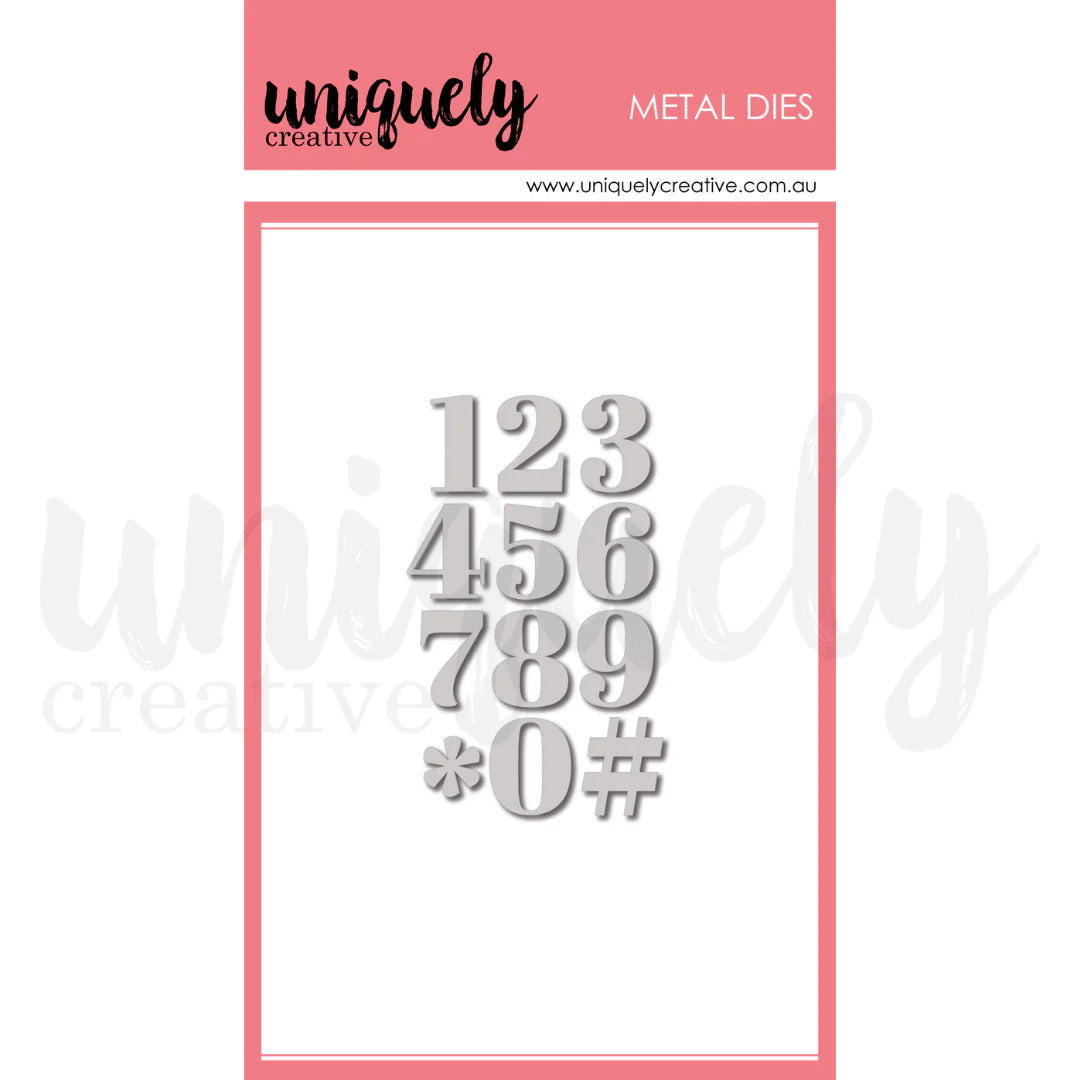 Metal dies with numbers and symbols on a white background with pink border