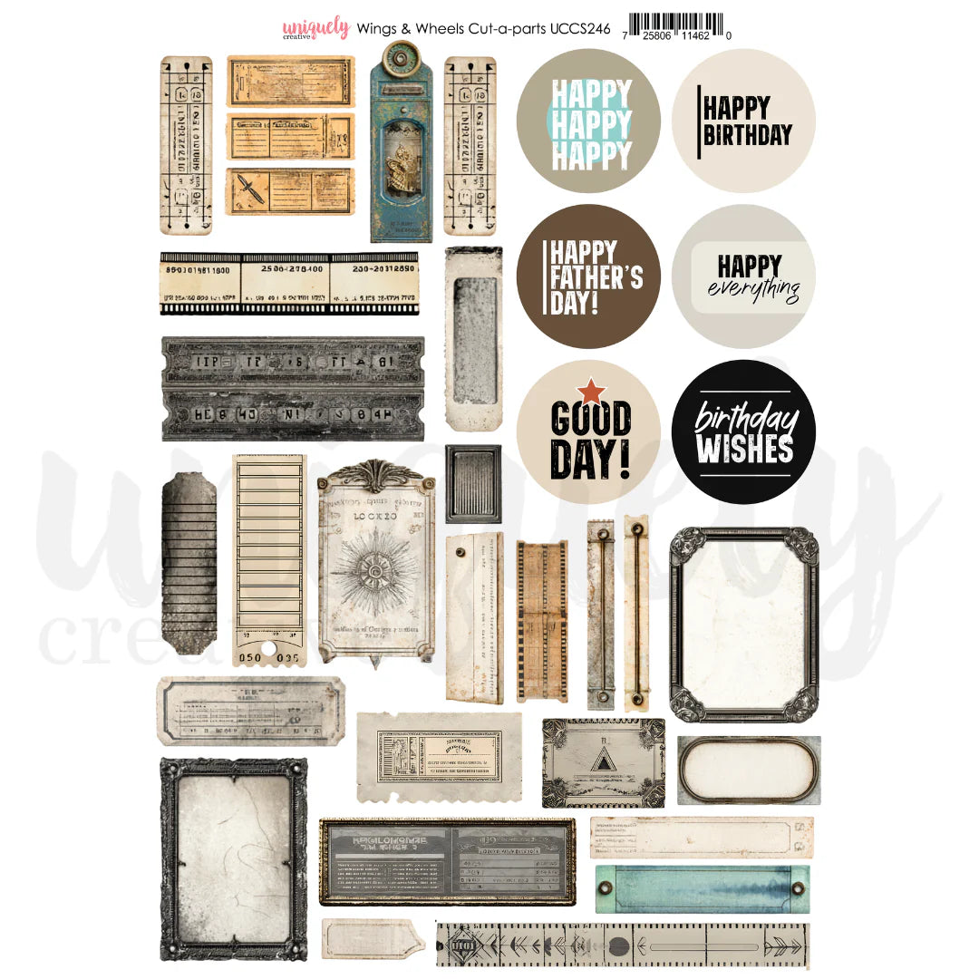 A sheet of scrapbook paper or craft cut-apart pieces featuring vintage-style typography, frames, labels, and birthday-themed phrases such as 'Happy Birthday,' 'Happy Father's Day!,' 'Good Day!,' and 'Happy Everything.' The design includes distressed beige, gray, black, and muted teal elements on a white background.