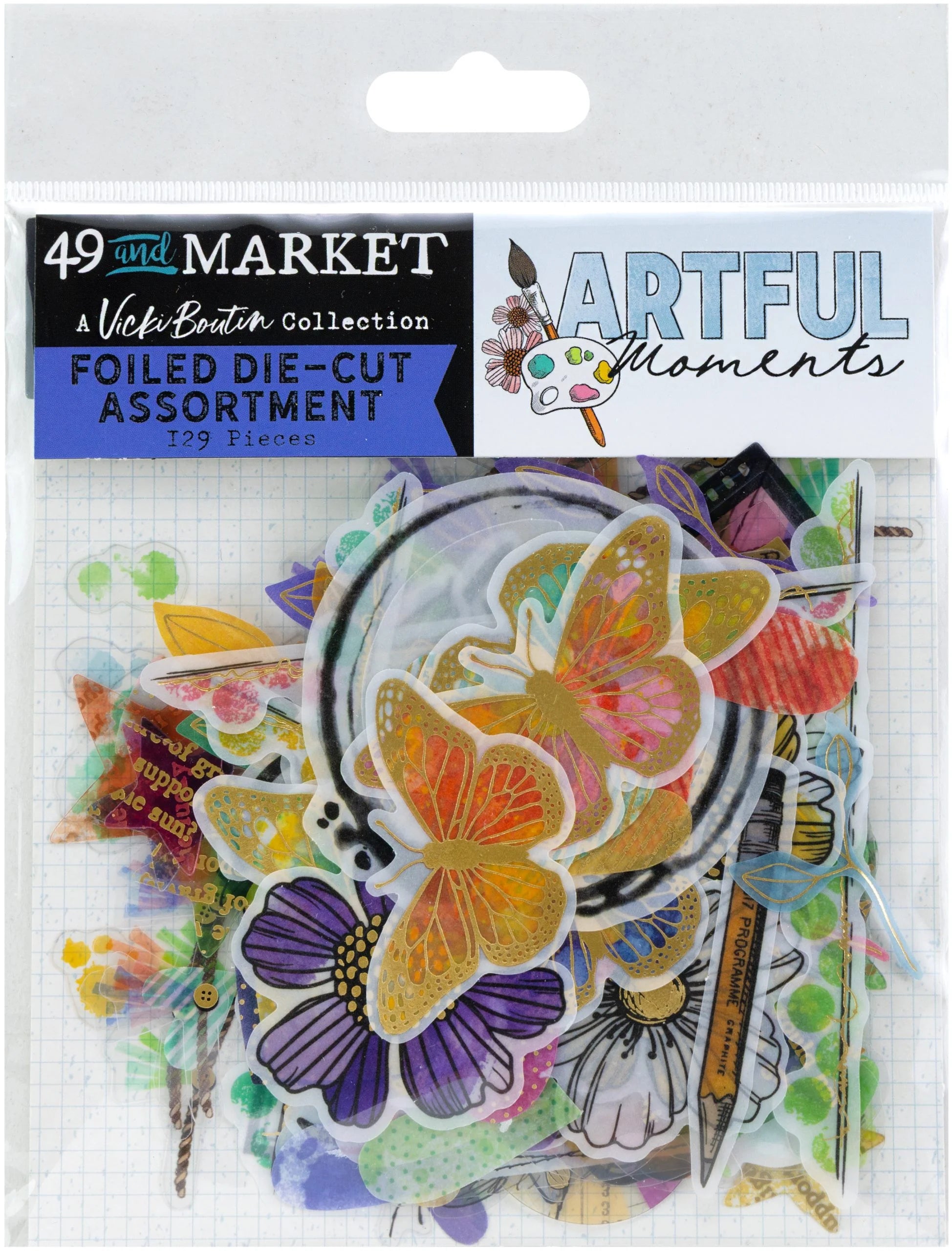 Packaged art supplies with colorful butterfly design and '49 and Market' branding.