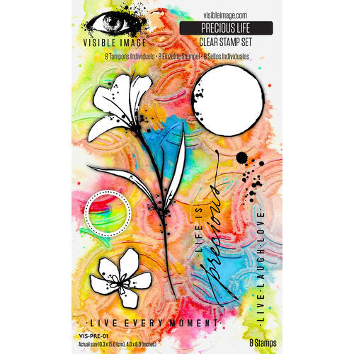 Visible Image Precious Life Clear Stamp Set package showing a colorful watercolor-style background with black-and-white floral stamp designs and text including 'LIVE EVERY MOMENT' and 'LIFE IS PRESENT'.