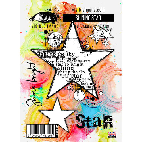 Visible Image 'Shining Star' photopolymer stamp set, featuring three white star-shaped stamps with black outlines over a vibrant multicolor watercolor background with text elements.