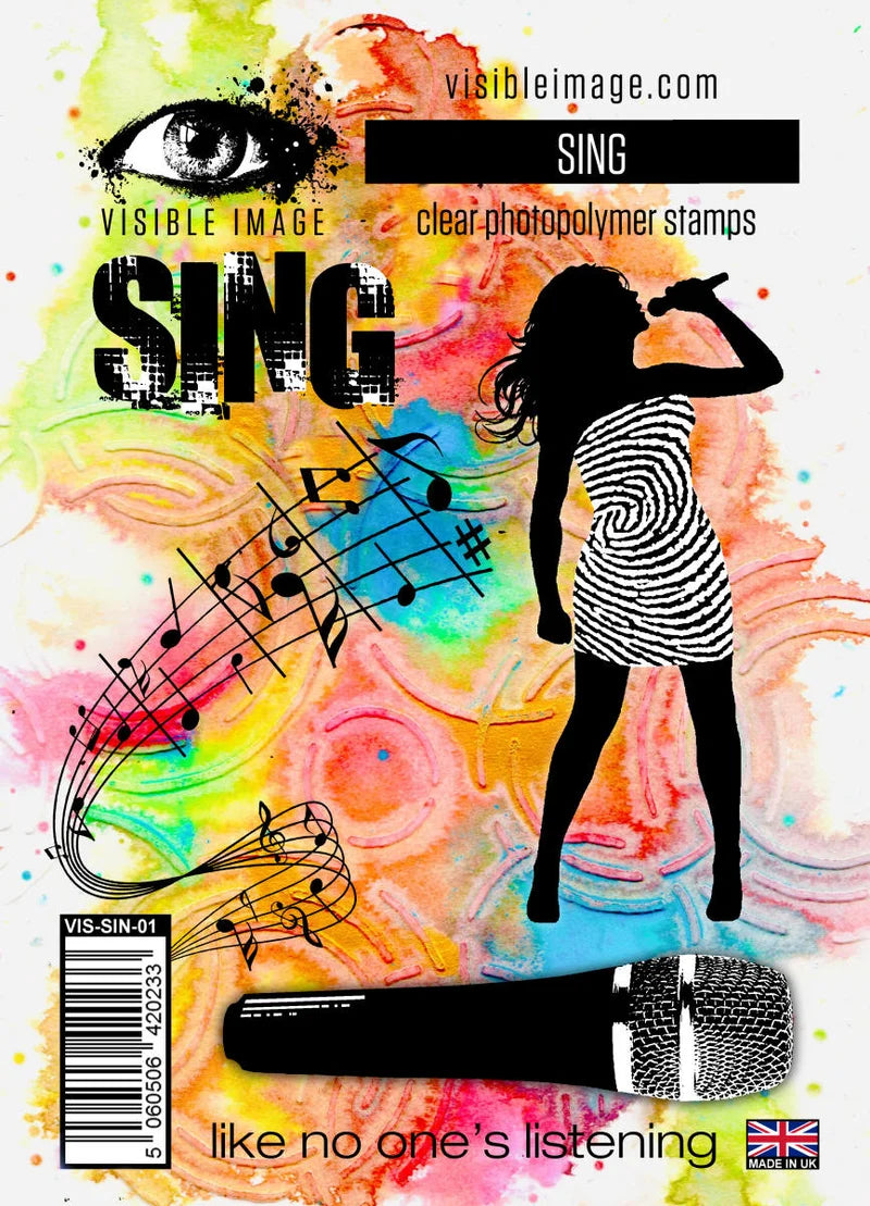 Promotional image for a clear photopolymer stamp set with musical elements and a silhouette of a person singing.