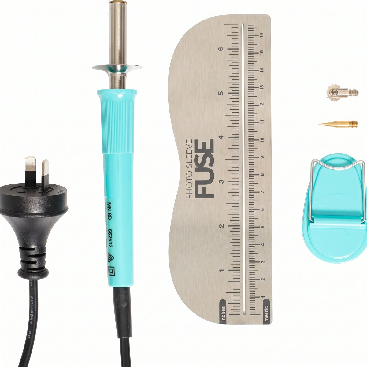We R Fuse Photo Sleeve Tool AU version with turquoise handle, attached metal tip and matching stand on white background