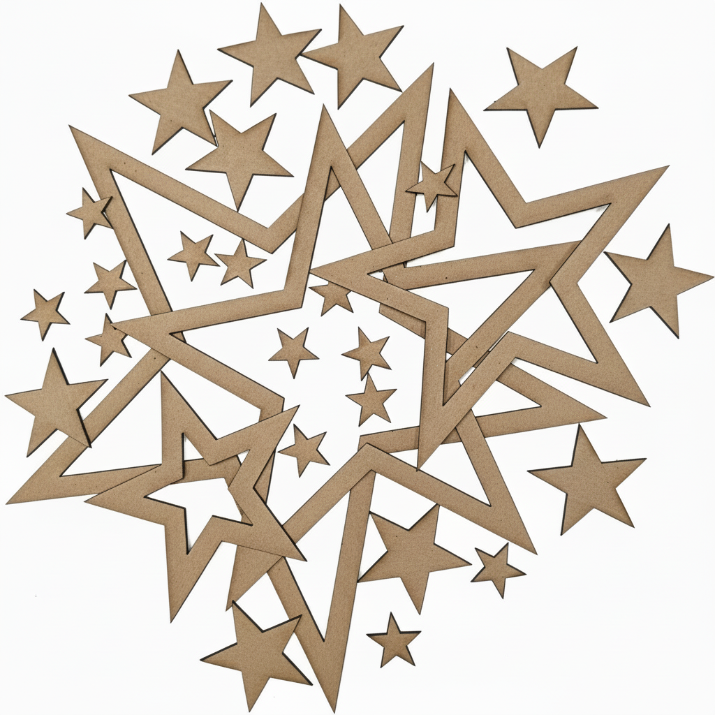 Clean scattered chipboard stars on white background
