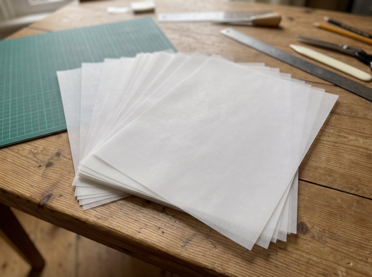 House of Paper clear A4 vellum sheets fanned across a wooden craft desk beside a cutting mat and paper tools