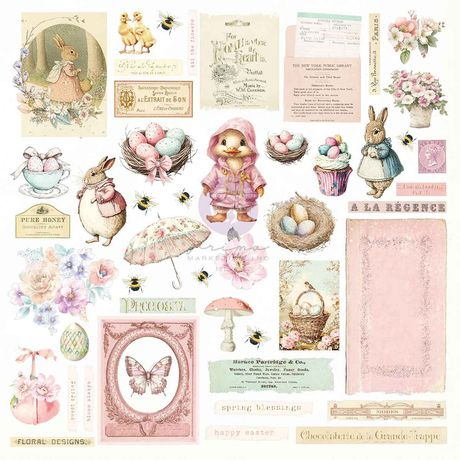 Collection of vintage-style Easter-themed illustrations with bunnies, eggs, and decorative elements.