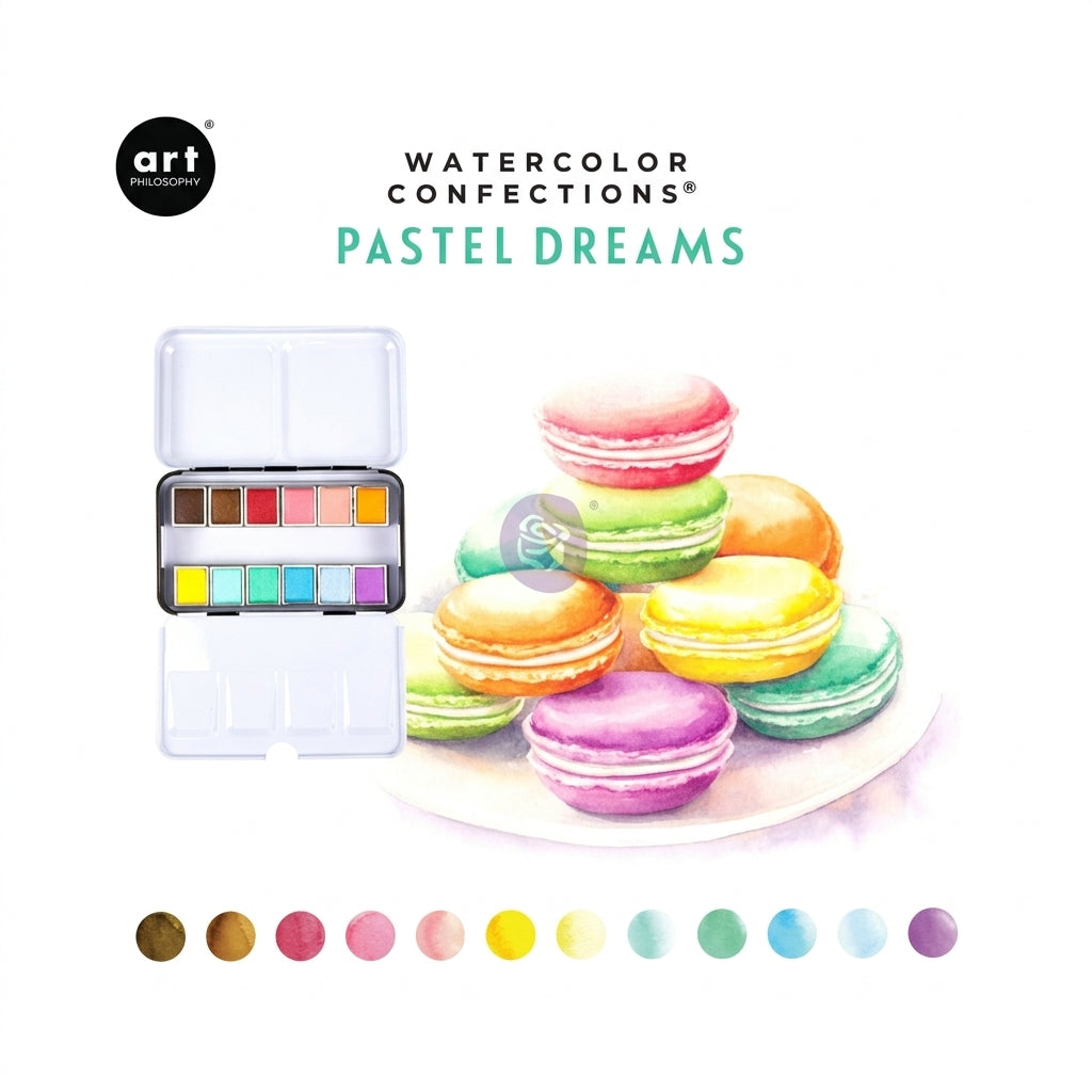 Prima Watercolor Confections Pastel Dreams set showing 12 watercolour pans in an open metal tin with fold-out mixing wells