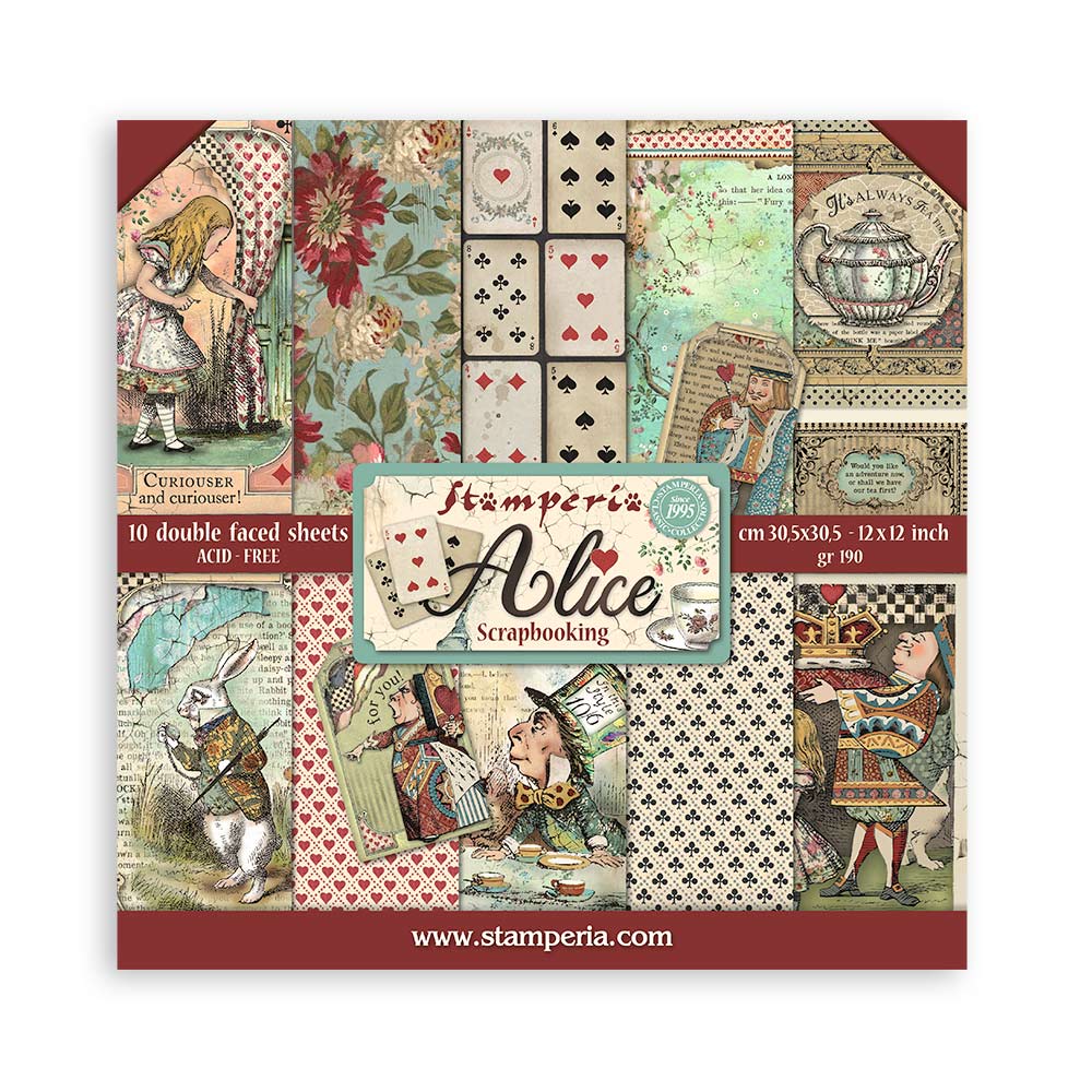 Stamperia Alice 12 x 12 inch double-sided scrapbooking paper pad with 10 acid-free sheets, front cover