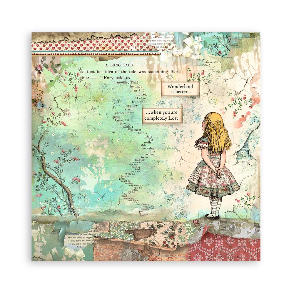 Stamperia Alice collection scrapbook paper with Alice illustration, botanical background and patterned reverse