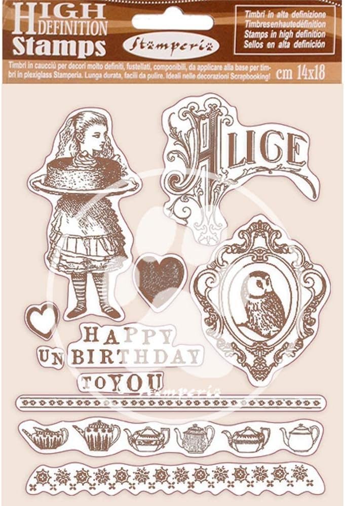 Stamperia Alice high-definition cling rubber stamp set with Alice, owl, tea party and Happy Unbirthday designs