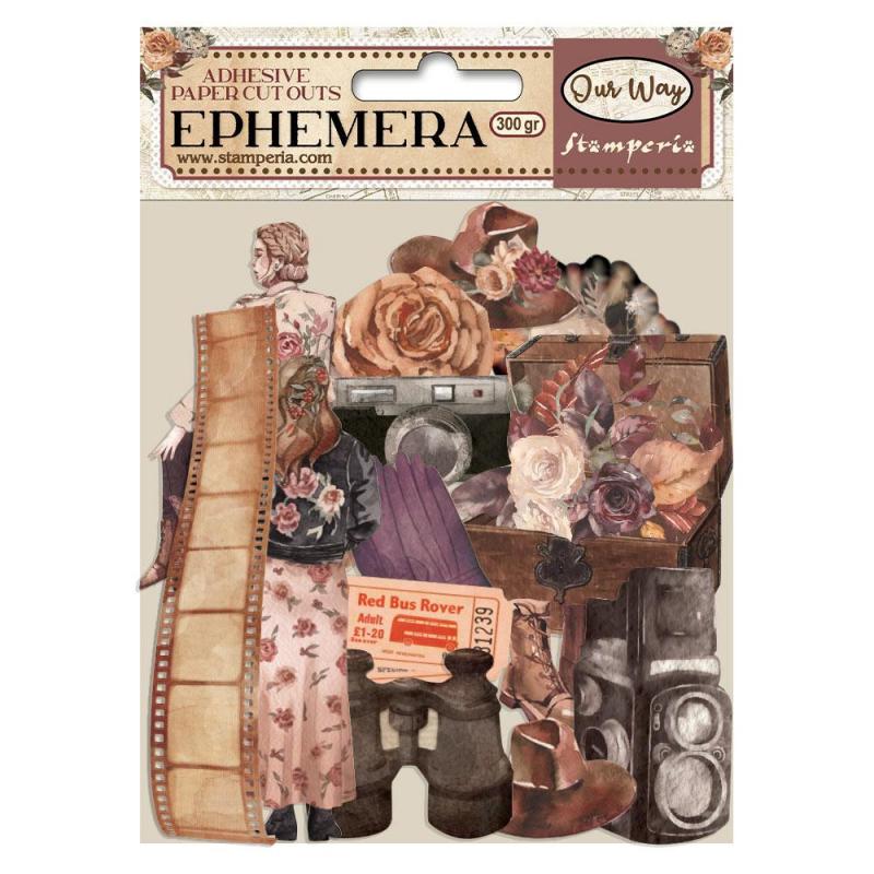 Stamperia Our Way adhesive paper ephemera pack with vintage floral, camera, suitcase and fashion cut-out designs